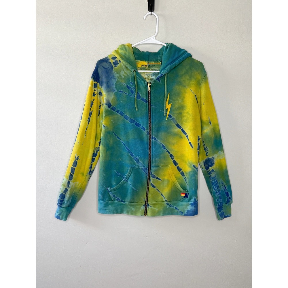 Aviator Nation Zip Hoodie Mens S Yellow Blue Tie Dye Lightning Bolt Surf Casual